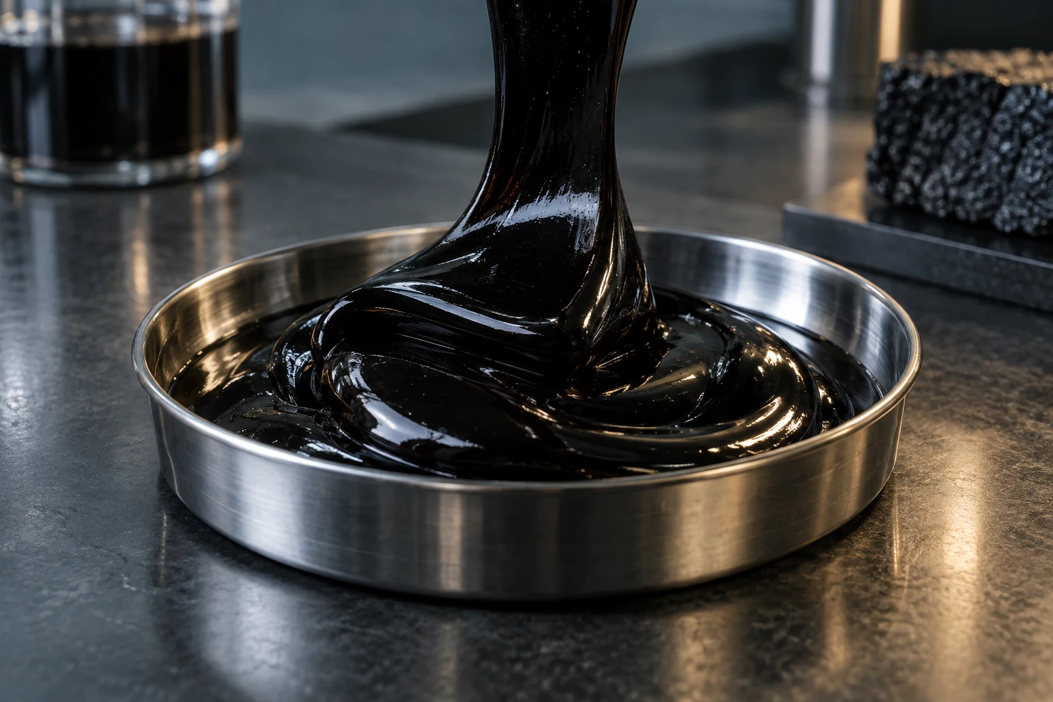 Illustration of glossy black bitumen in a steel laboratory dish
