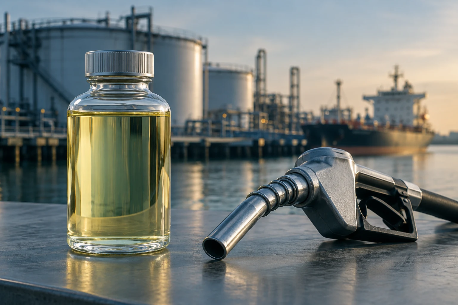 Illustration of a pale diesel sample with fuel handling equipment in the background