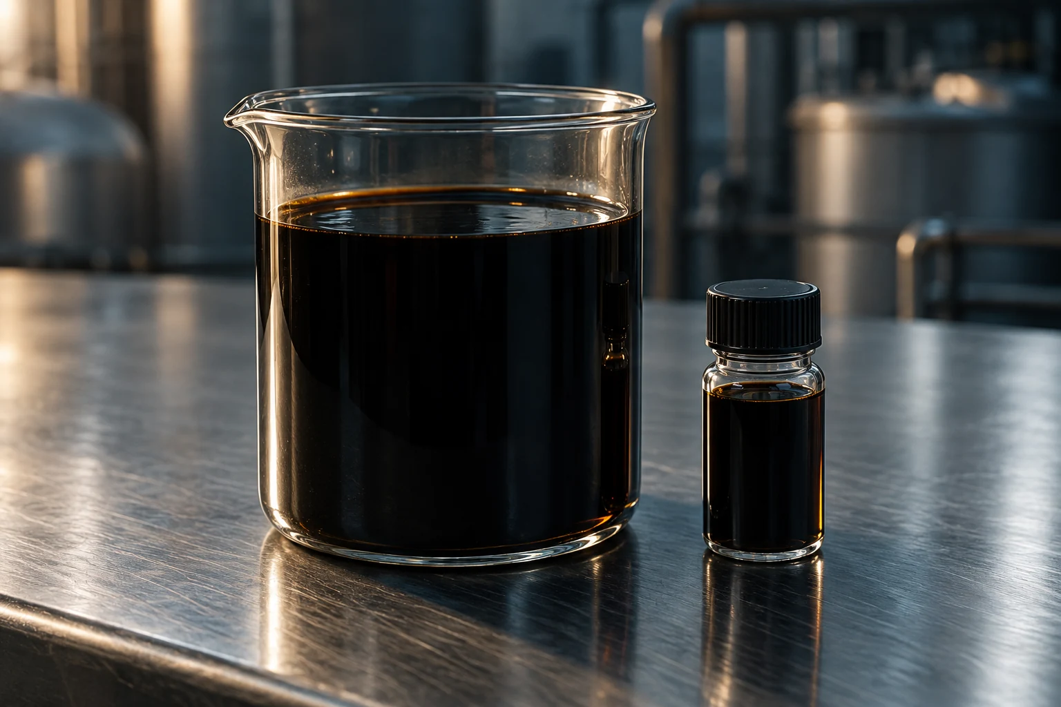 Illustration of dark heavy fuel oil in laboratory glassware