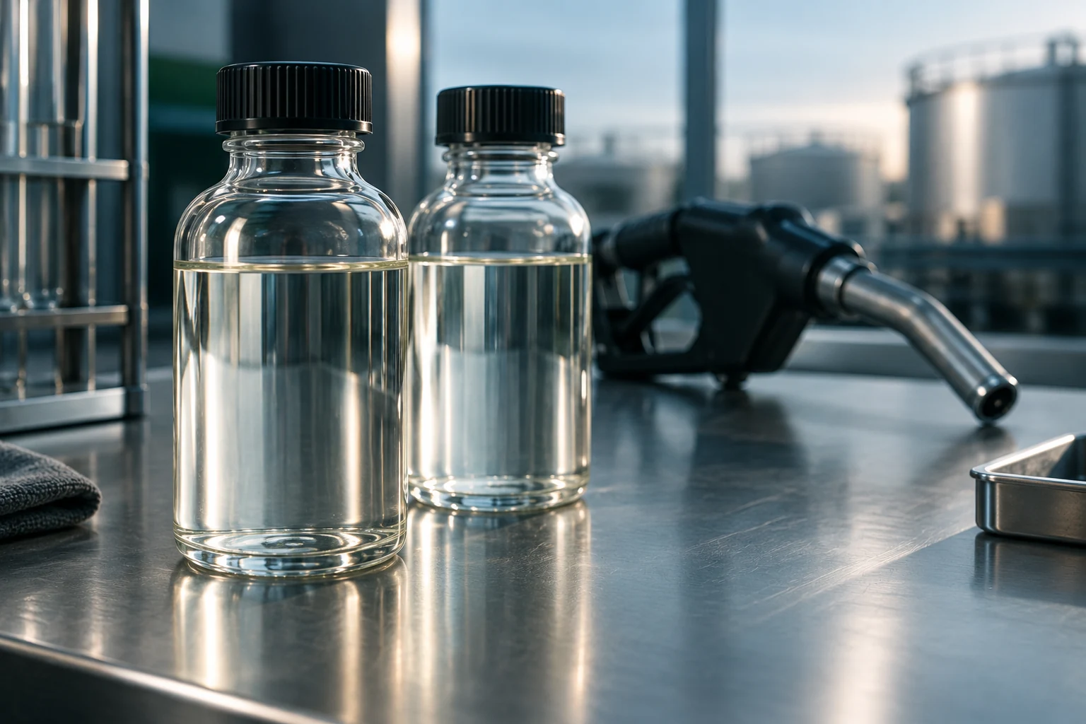 Illustration of clear gasoline samples in sealed laboratory bottles